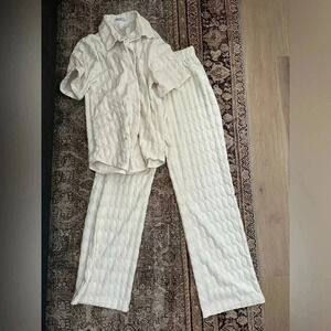 Women's Short Sleeve Button Up and Pants Wide Leg Coordinated Lounge Set Small